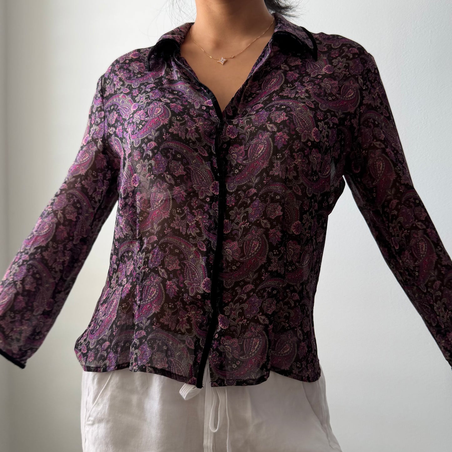 Nine West Purple Paisley Silk Button Up Blouse - Medium