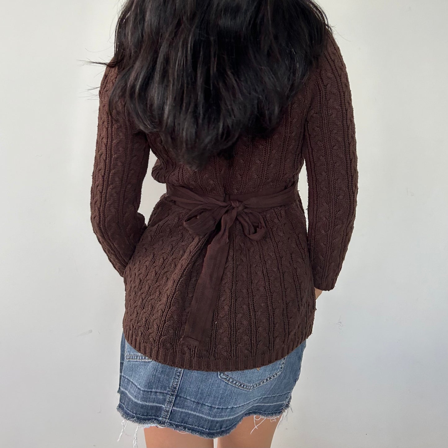 Brown Cable Knit V-Neck Tie Waist Babydoll Cardigan - Small