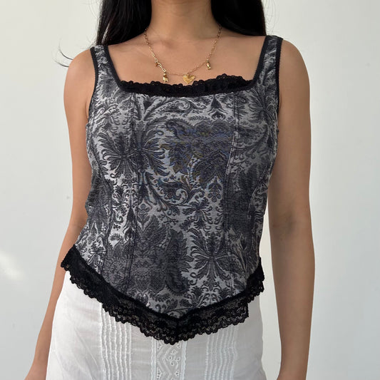 Vintage Made in Canada Black and Silver Brocade Corset Top - Small