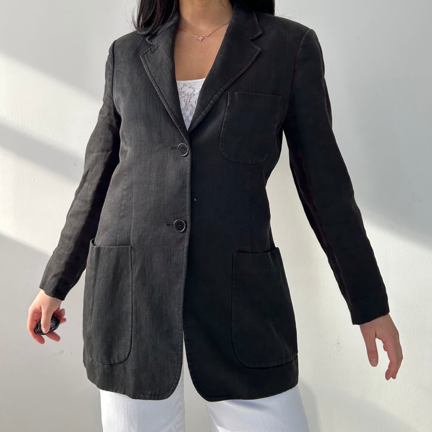 Vintage 1990s Gigue Black Linen Blazer - Medium