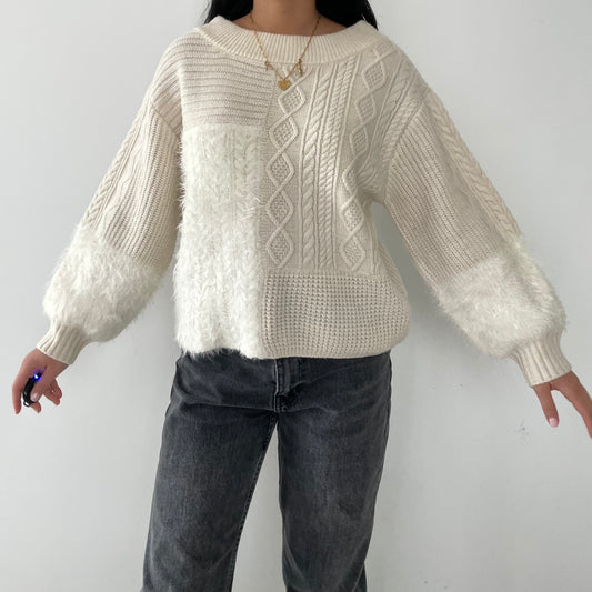 Cream Wool and Camel Blend Fuzzy Knit - Medium