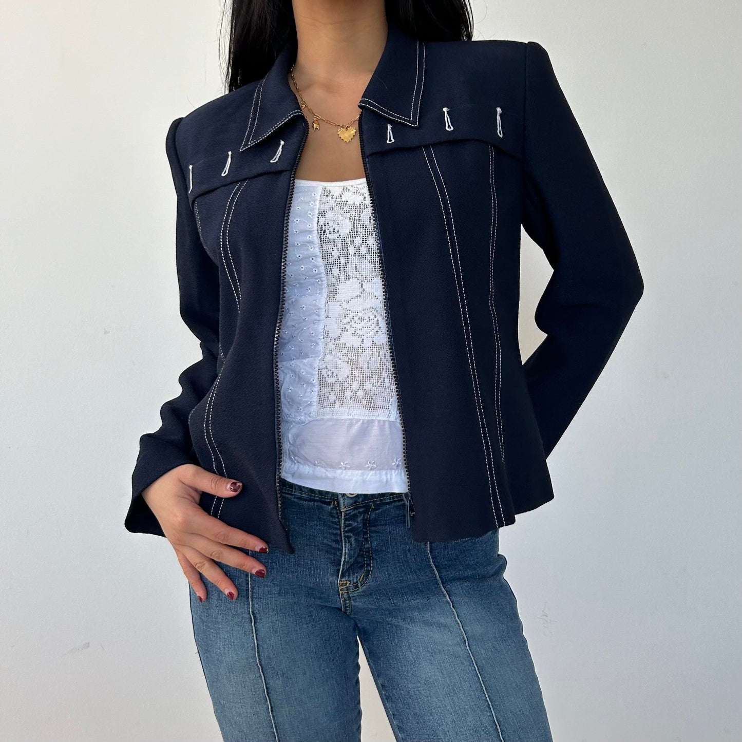 Vintage Navy Shoulder Pad Full-Zip Jacket - Medium