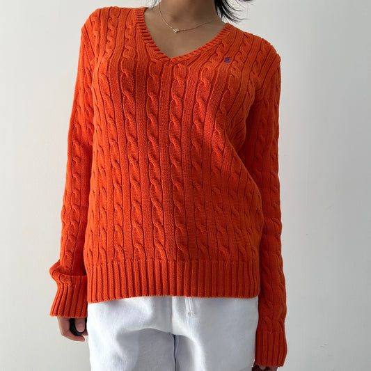 Ralph Lauren Sport Orange V-Neck Cable Knit Sweater - Large