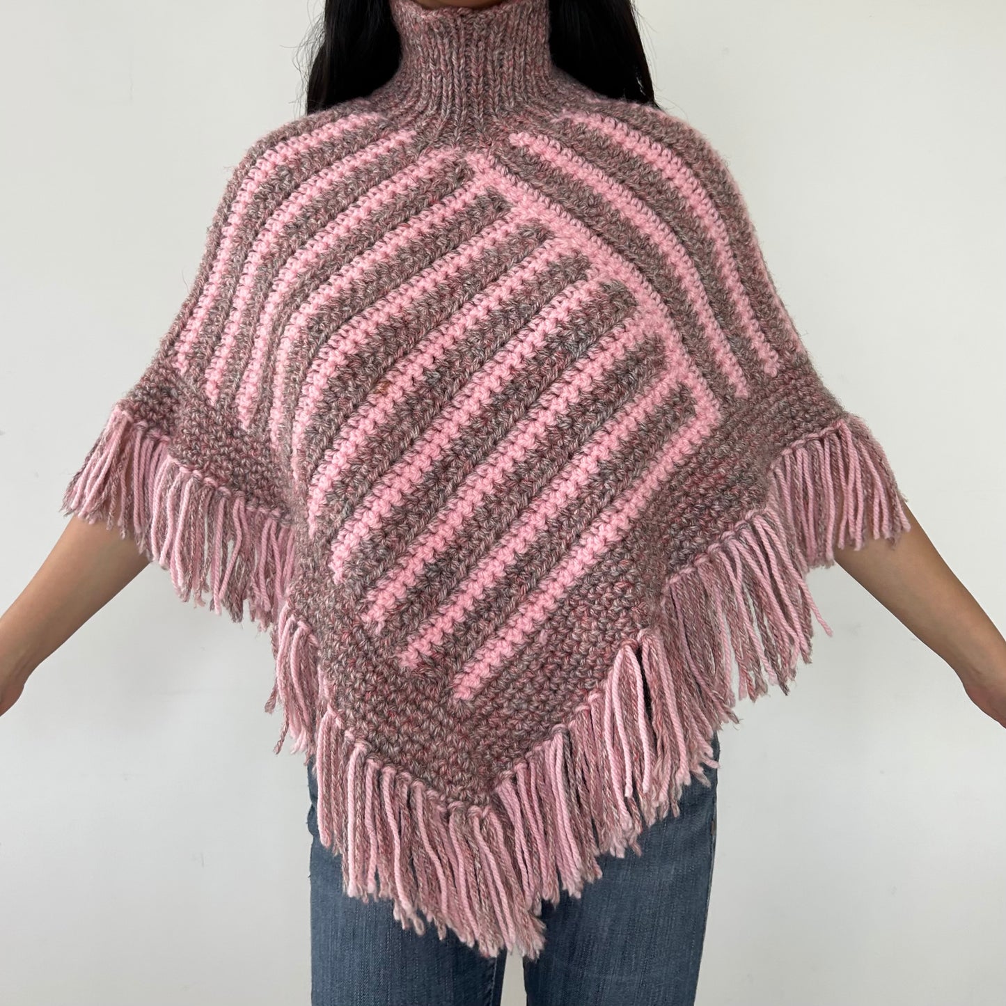 Pink Chunky Knit Striped Poncho with Fringe