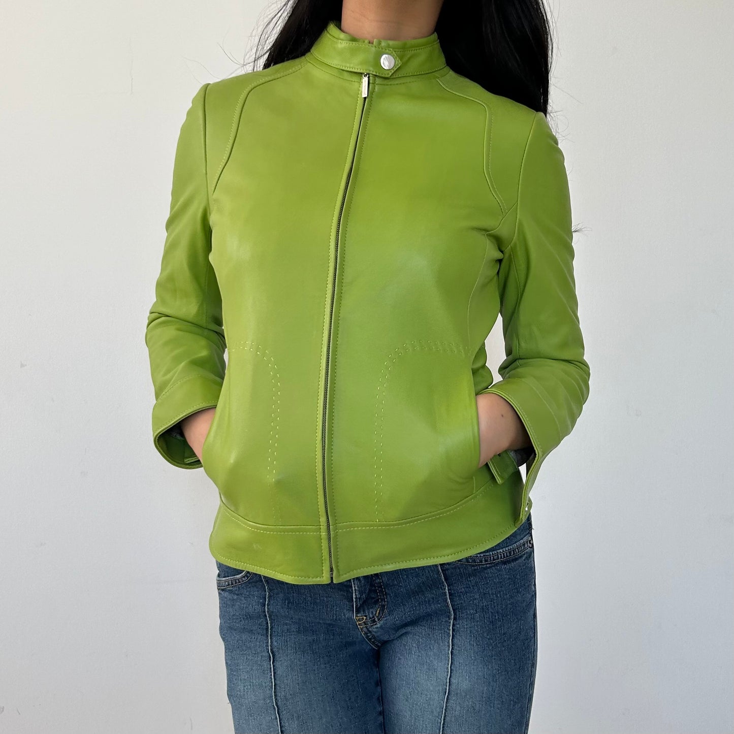 Lime Green Lambskin Leather Racing Jacket - X-Small