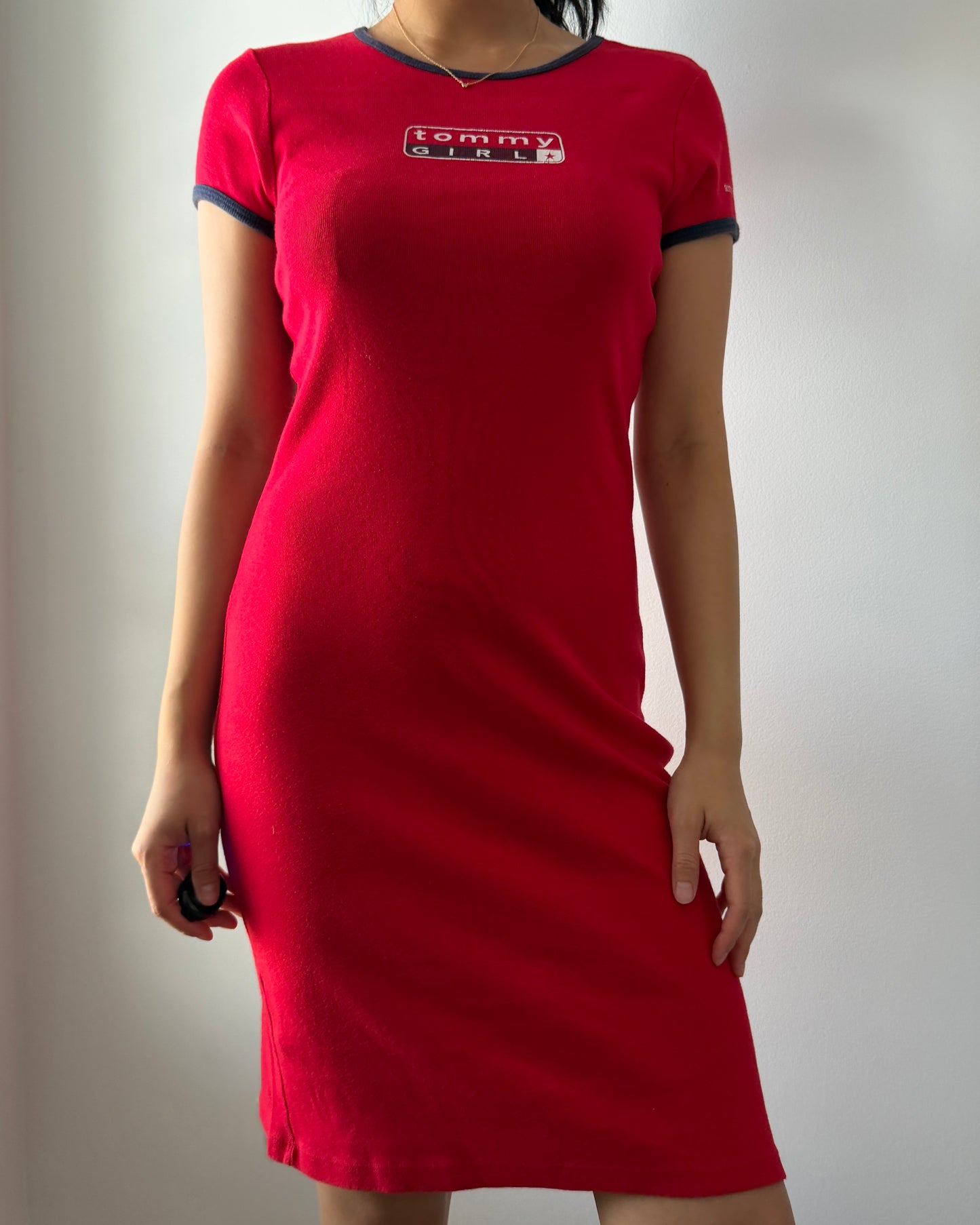 90s Made in USA Tommy Jeans Red Ringer T-Shirt Dress - Small