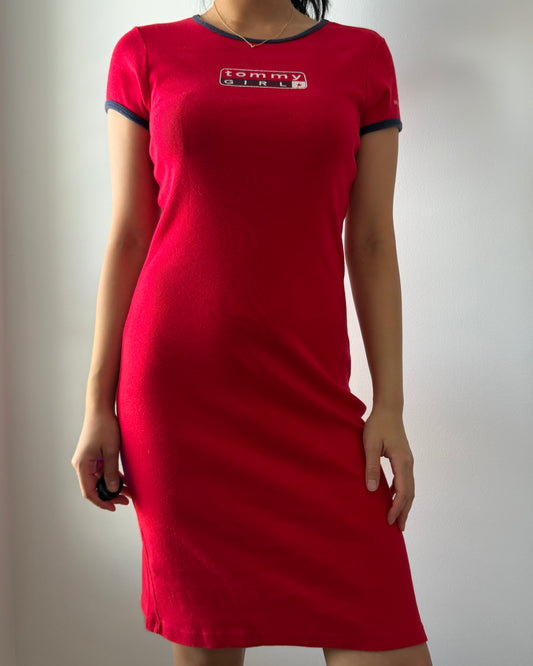 90s Made in USA Tommy Jeans Red Ringer T-Shirt Dress - Small