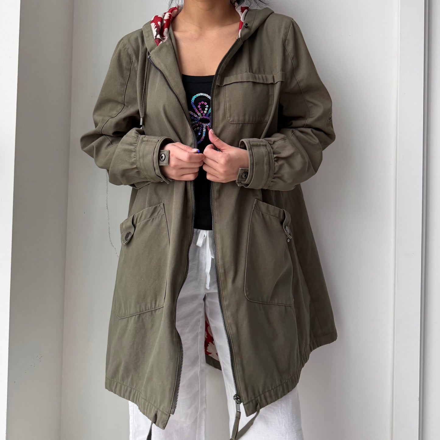 TWINSET Milano Khaki Green Hooded Zip Jacket - Large