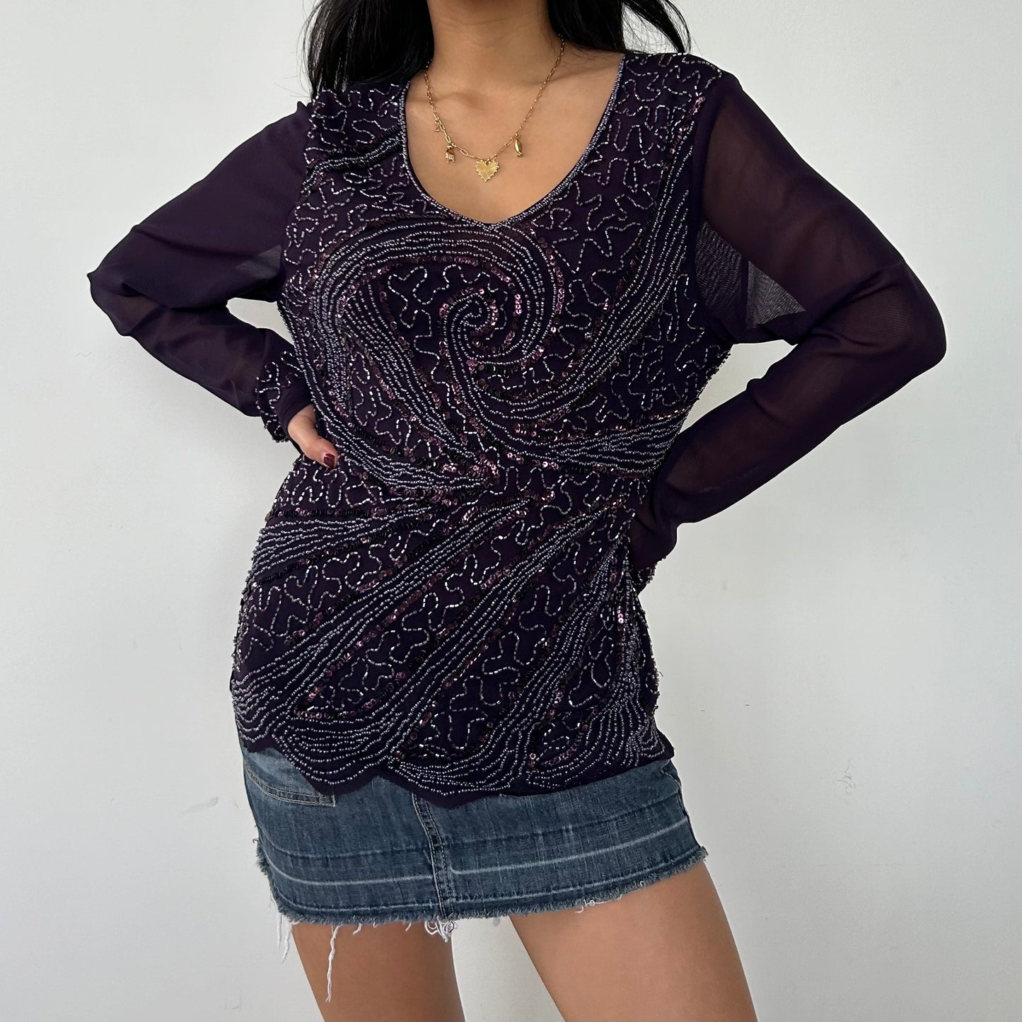 Purple Beaded Long Sleeve Mesh Top - Large