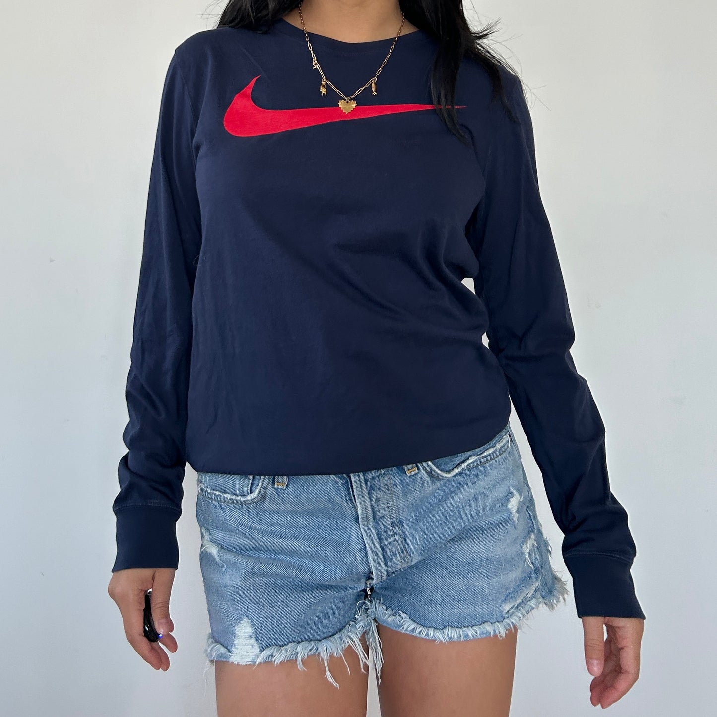 Nike Navy Long Sleeve Swoosh Tee - Small