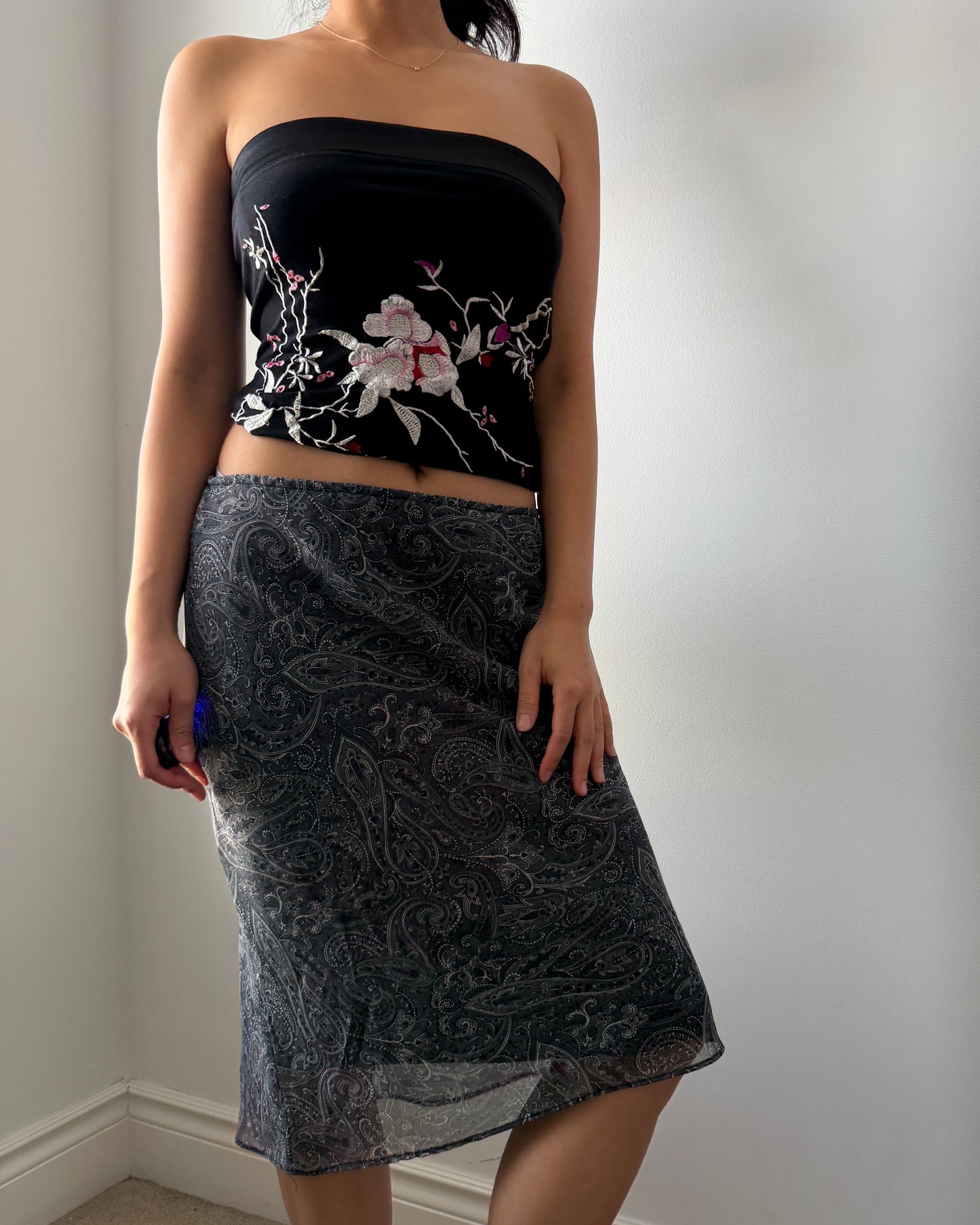 90s Made in Canada Black Paisley Slip Skirt - Medium