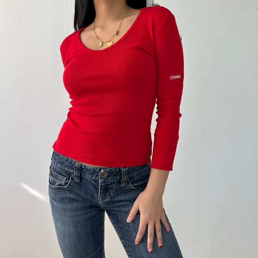 Vintage Made in Canada Guess Red V-Neck 3/4 Sleeve Tee - X-Small