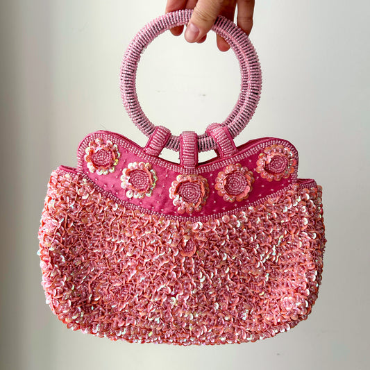 Pink Beaded Sequin Floral Top Handle Bag