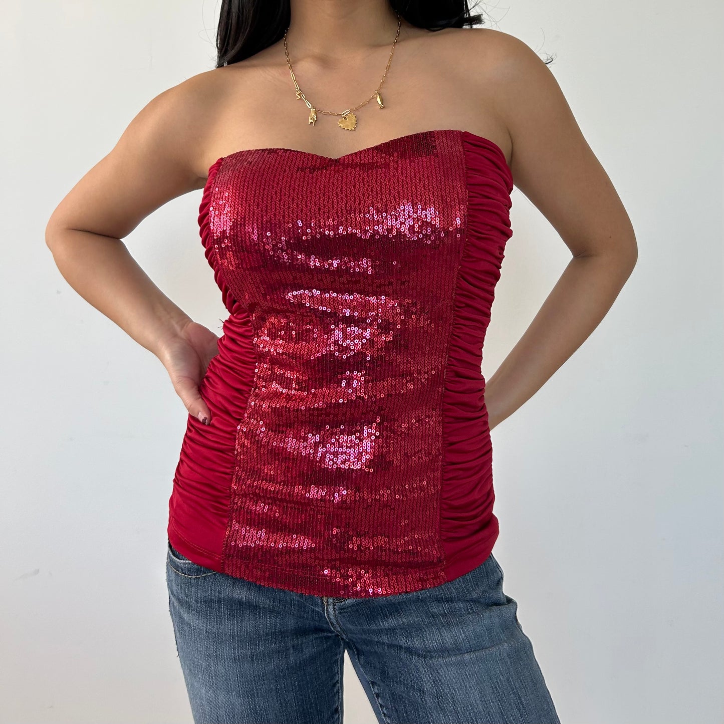 Seductions Red Sequin Strapless Top - Medium