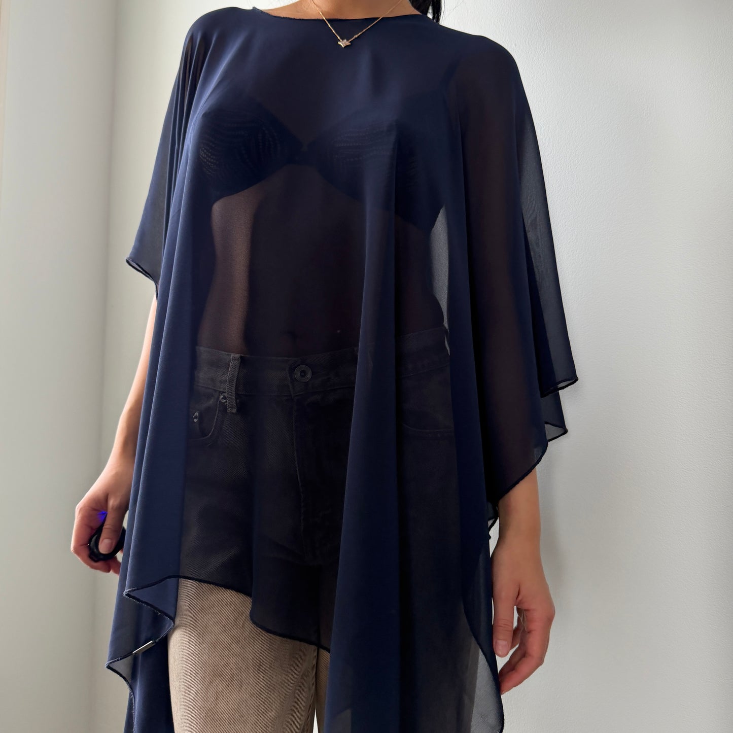 Elie Tahari Navy Sheer Asymmetric Chiffon Poncho