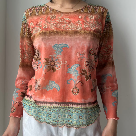 Orange Mesh Patterned Long Sleeve Blouse - Large