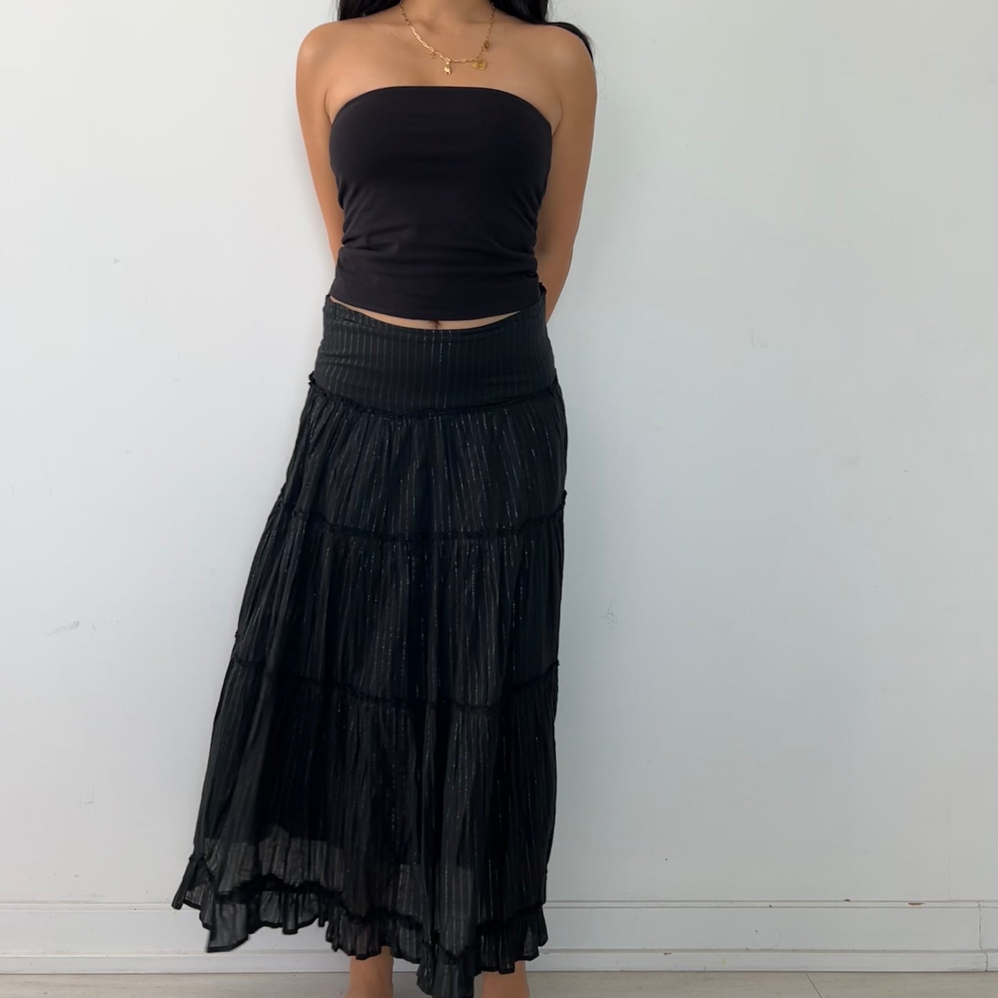 Black and Silver Pinstripe Tiered Maxi Skirt - Medium