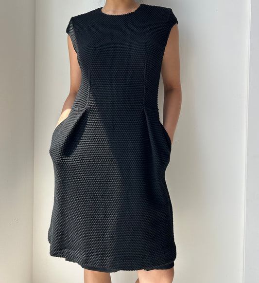 St. John Black Wool and Silk Textured Knit Dress - Small