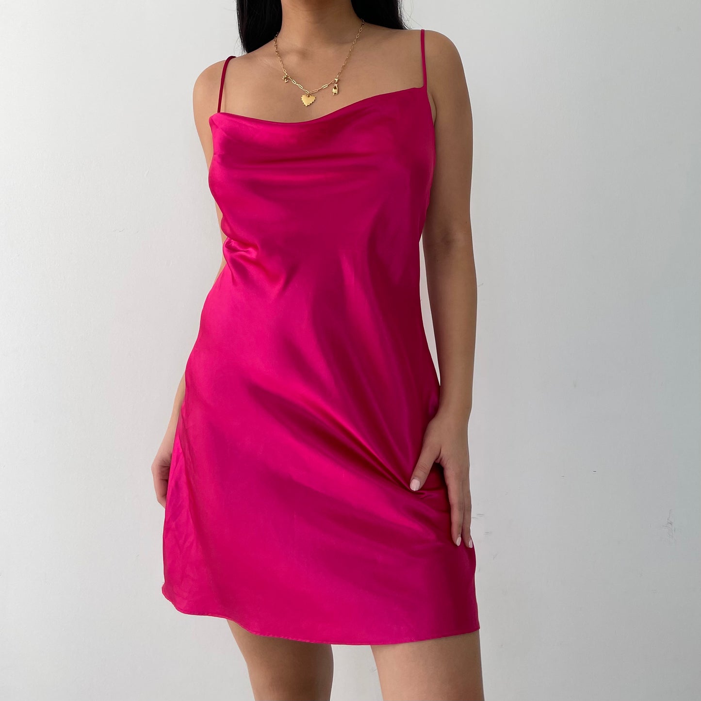 La Senza Hot Pink Cowl Neck Satin Slip Mini Dress - Small