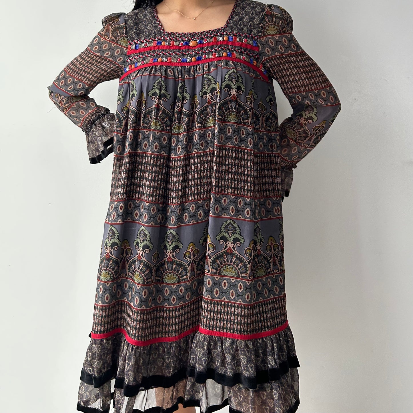 Anna Sui Long Sleeve Smocked Silk Dress - Medium