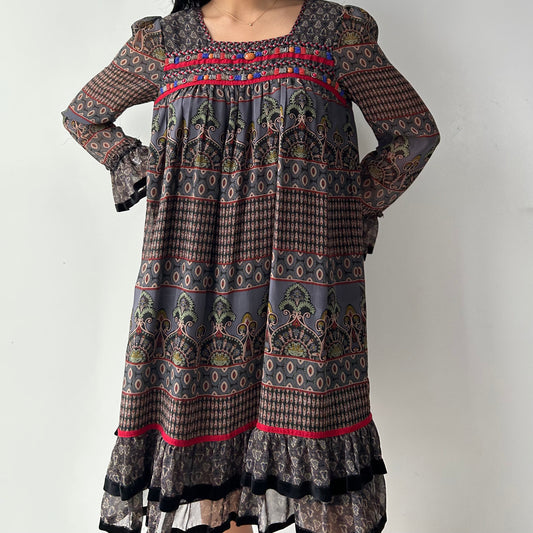 Anna Sui Long Sleeve Smocked Silk Dress - Medium