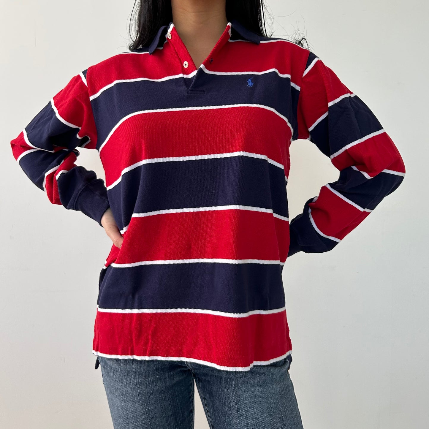 Polo Ralph Lauren Red and Navy Long Sleeve Striped Polo Shirt - Large