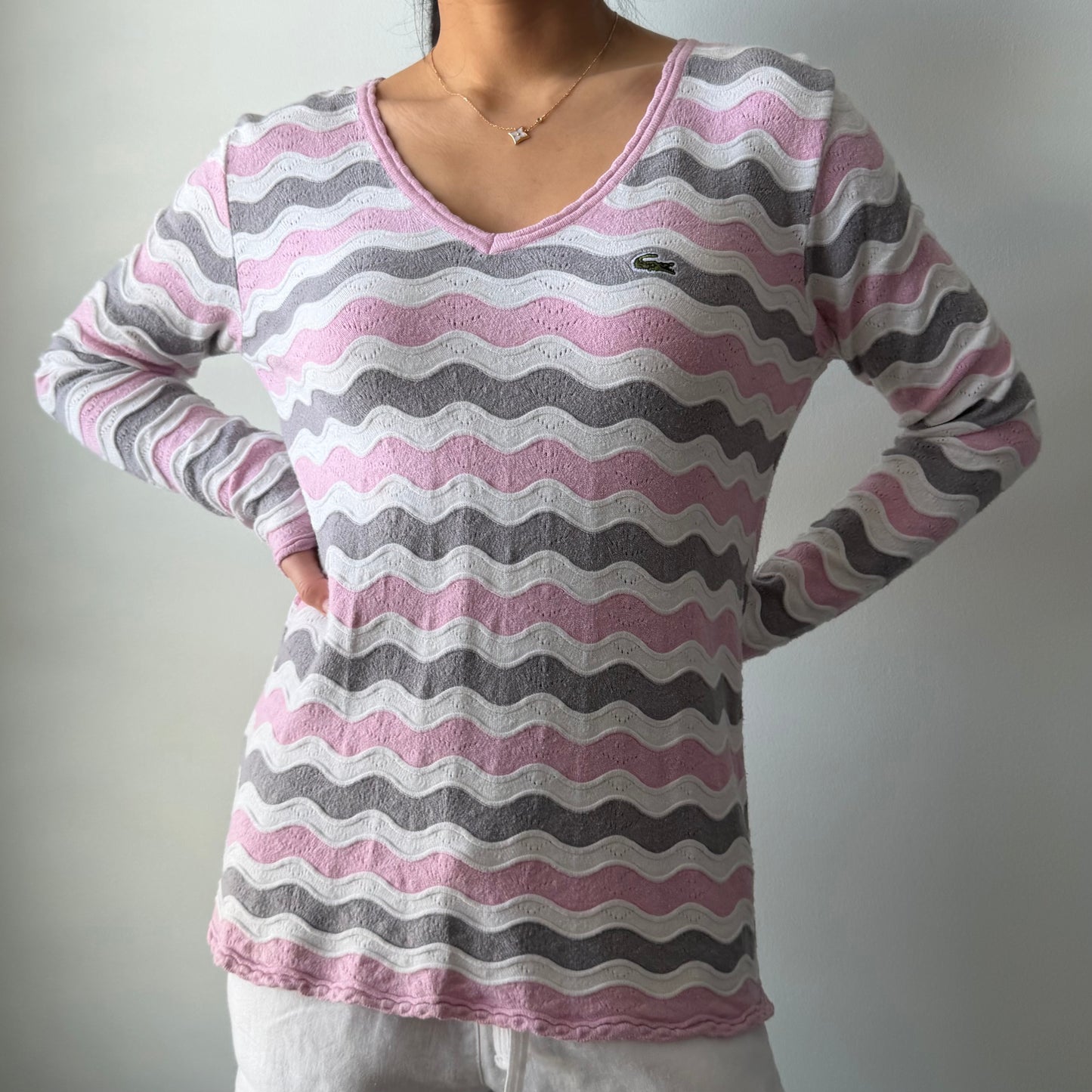 Lacoste Pink V-neck Long Sleeve Cotton Knit - X-Large