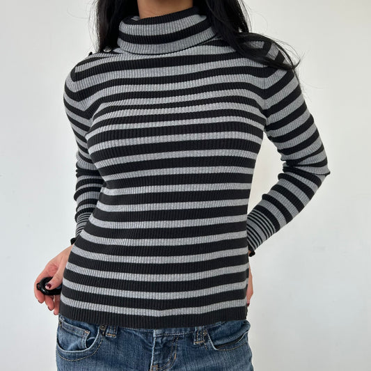 Black and Grey Striped Ribbed Knit Turtleneck Top - Medium