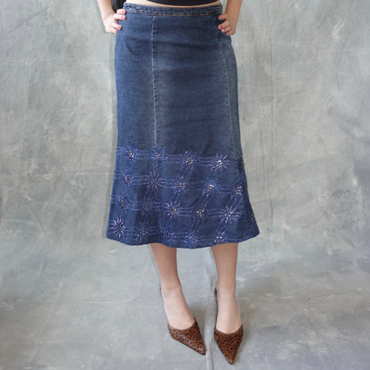 Floral Embroidered Denim Midi Skirt - W28