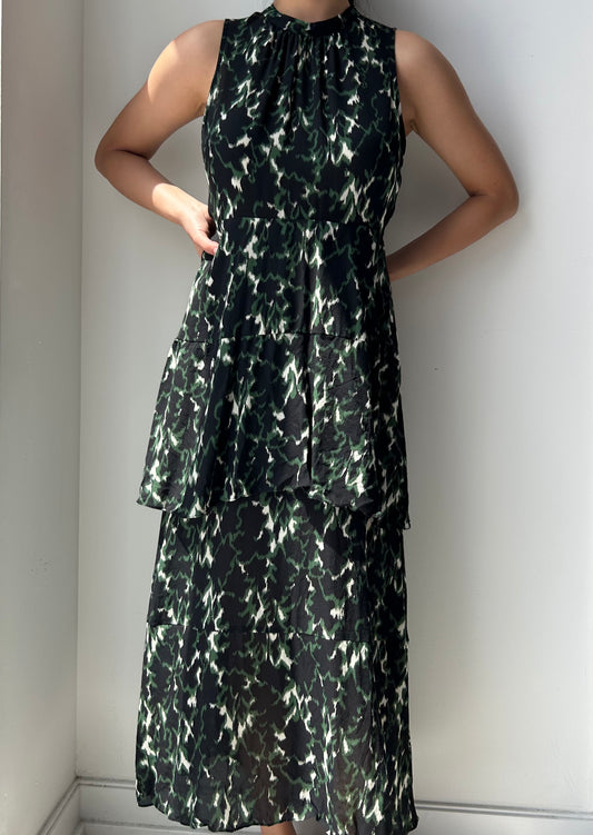 A.L.C. Green Abstract Print Sleeveless Silk Midi Dress - Medium