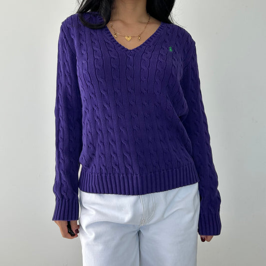 Ralph Lauren Sport Purple V-Neck Cable Knit Jumper - X-Large