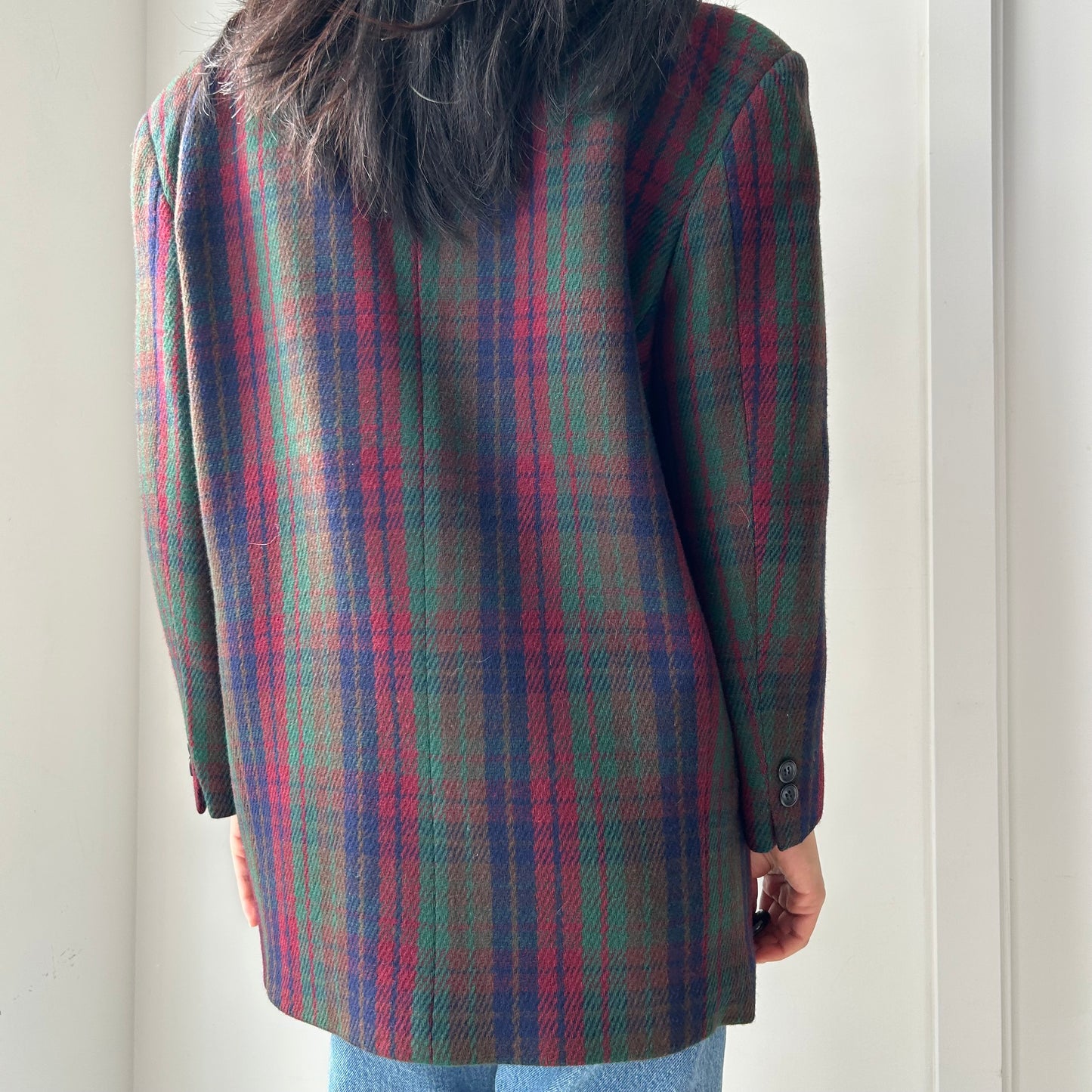 1980s Michel René Green Plaid Wool Blazer - Large