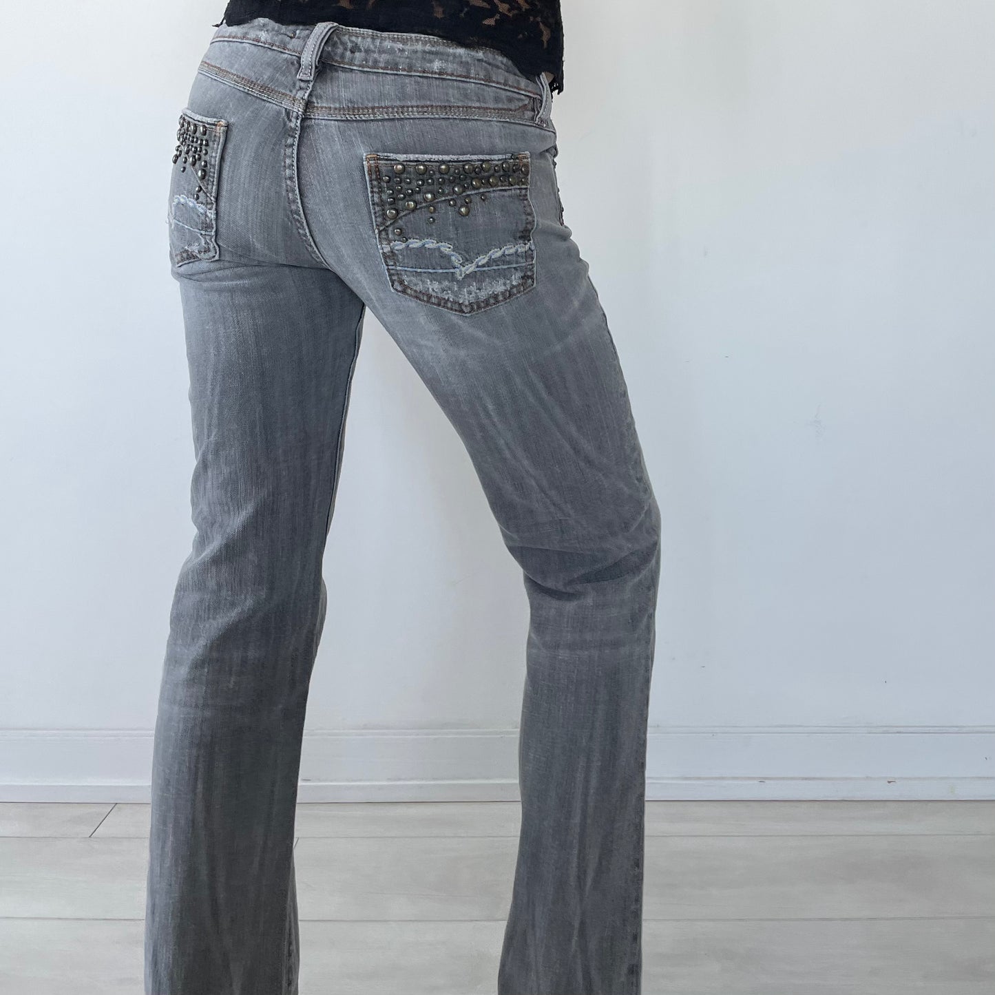 Studded Washed Black Low Rise Jeans - W28