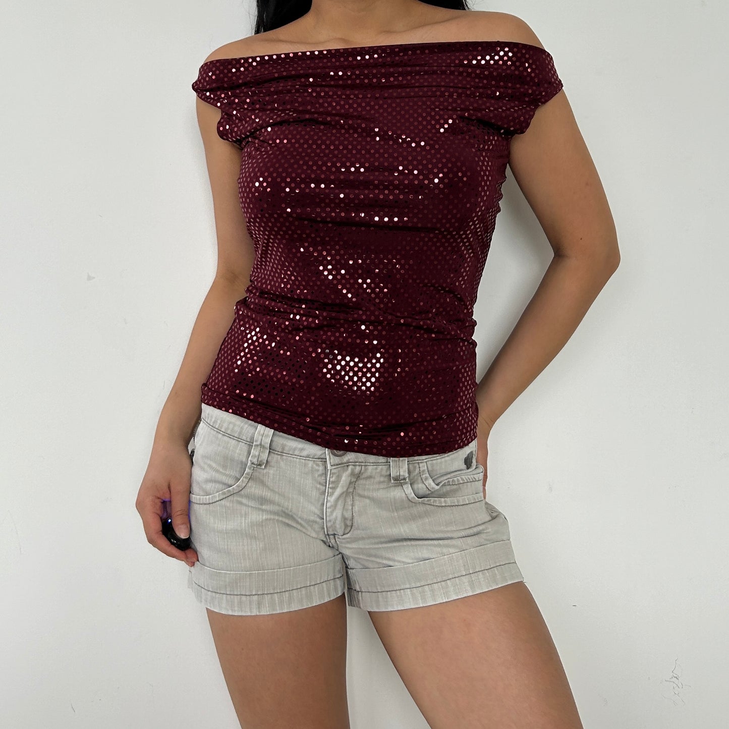 Vintage 90s Made in Canada Dynamite Burgundy Sparkly Cowl Neck Top - Small