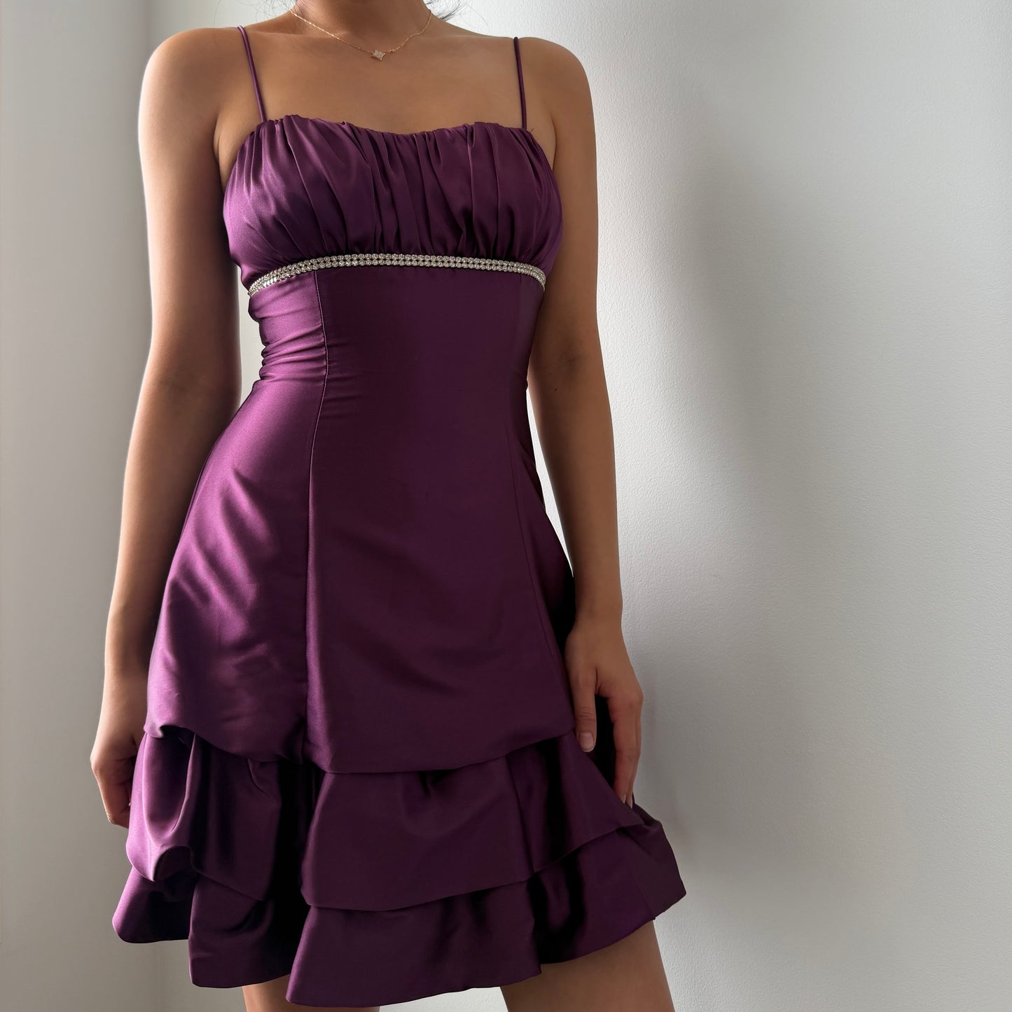 90s Made in USA Fiesta Purple Satin Tiered Ruffle Mini Dress - XX-Small