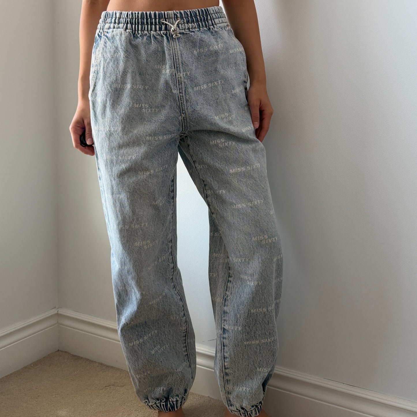 Miss Sixty Blue and White Logo Print Jogger Jeans - X-Small