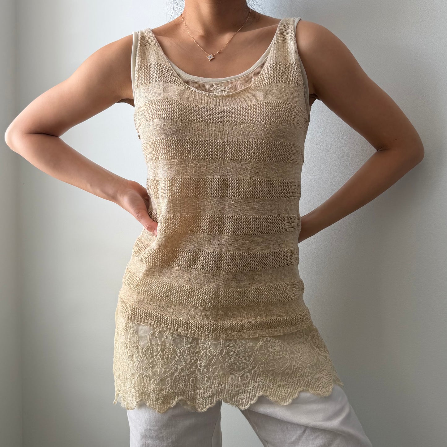 Gold Open-Knit Lace Tank - Medium