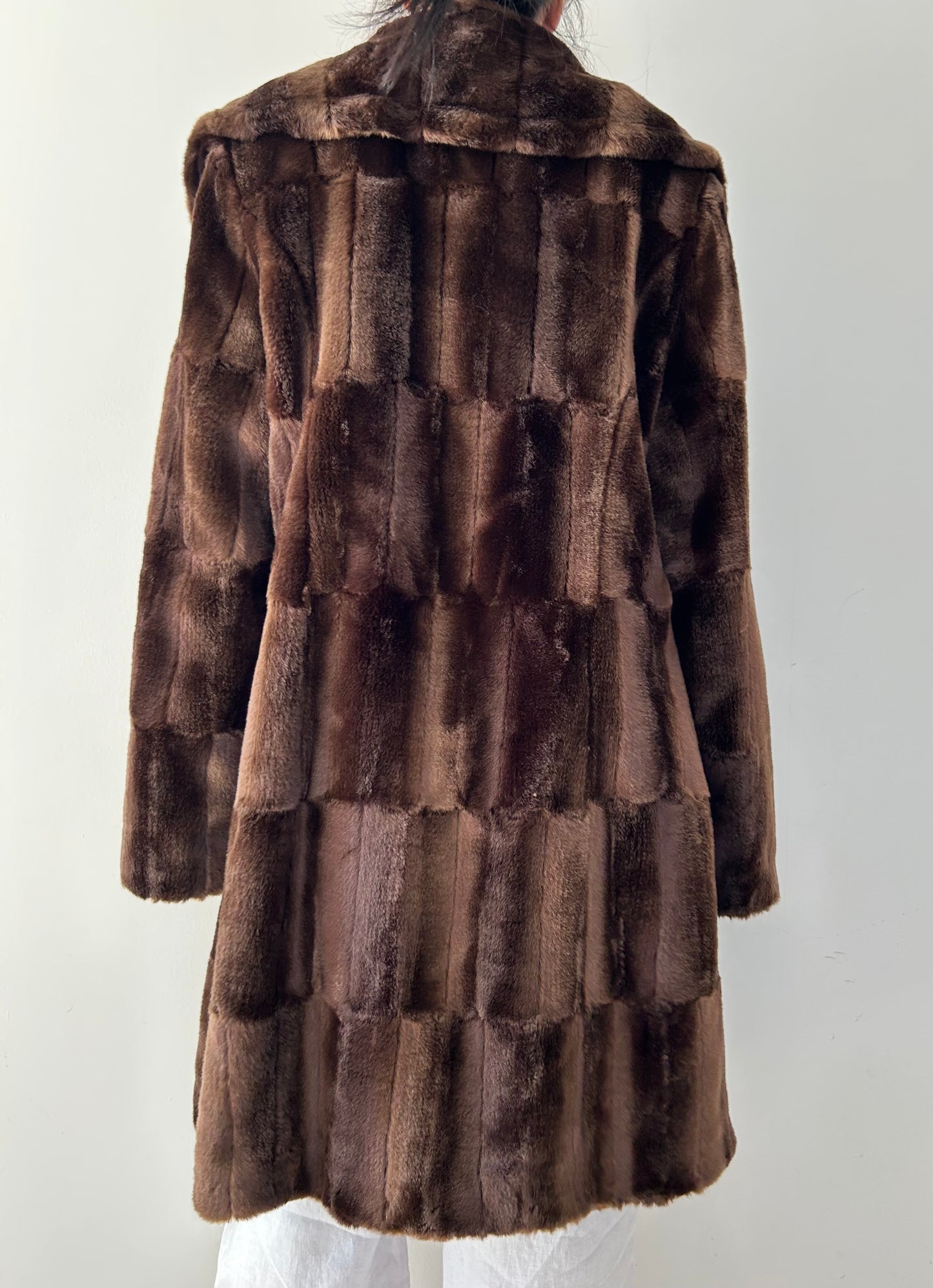 Chocolate Brown Faux Fur Patchwork Coat - Large