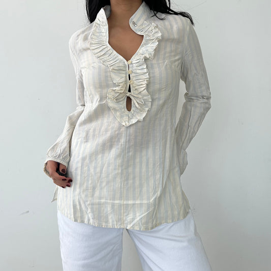 BNWT Sisley Cream Striped Ruffle Collar Blouse - Small/Medium