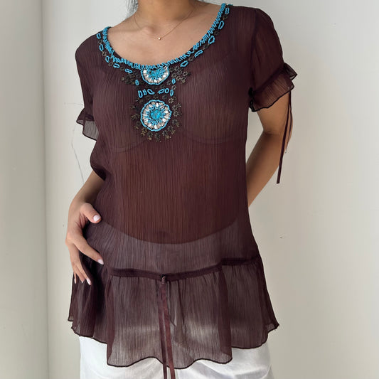 Brown Short Sleeve Sheer Embellished Top - Medium