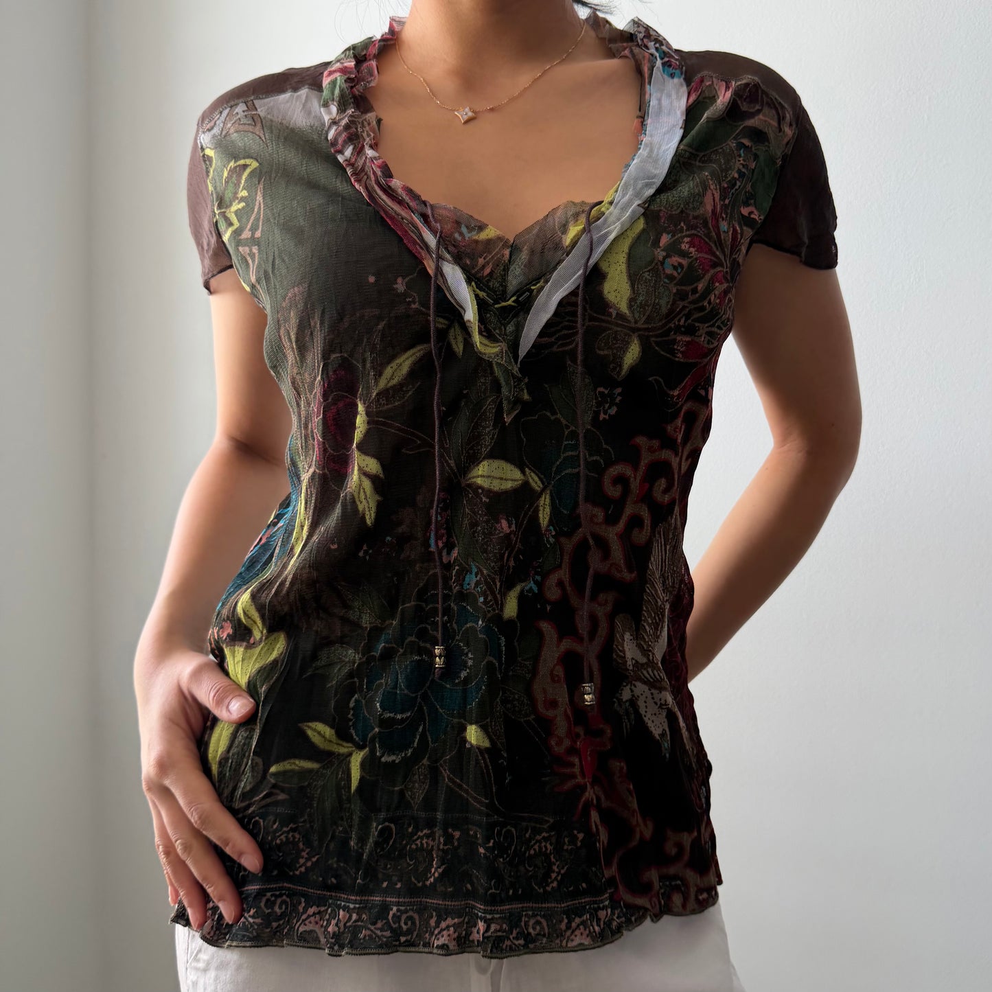 Marc Aurel Brown Floral Print Mesh Top - Medium