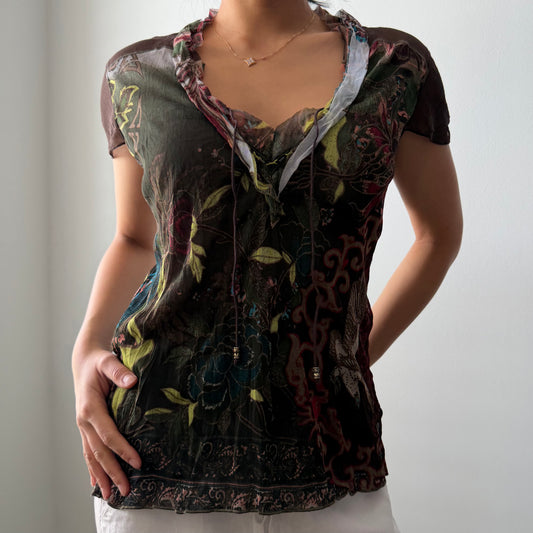 Marc Aurel Brown Floral Print Mesh Top - Medium
