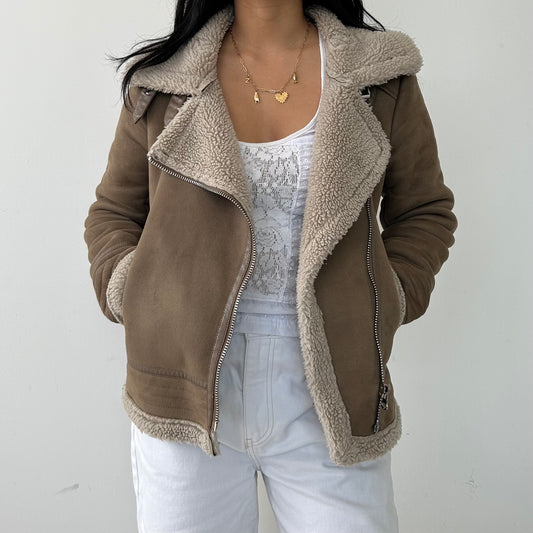 Zara Brown Double Face Faux Shearling Moto Jacket - X-Small