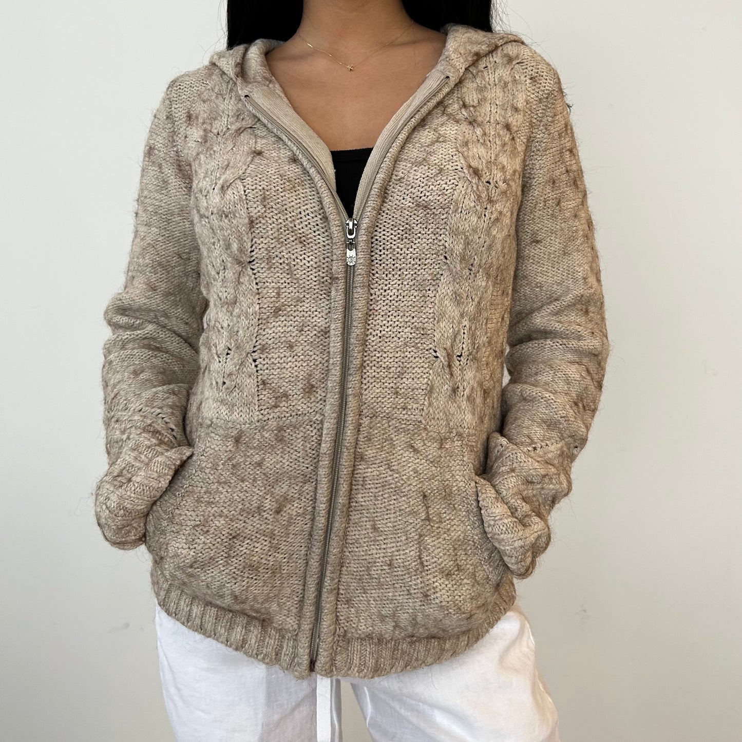 BCBGMAXAZRIA Alpaca Blend Beige Cable-Knit Hooded Cardigan - Small