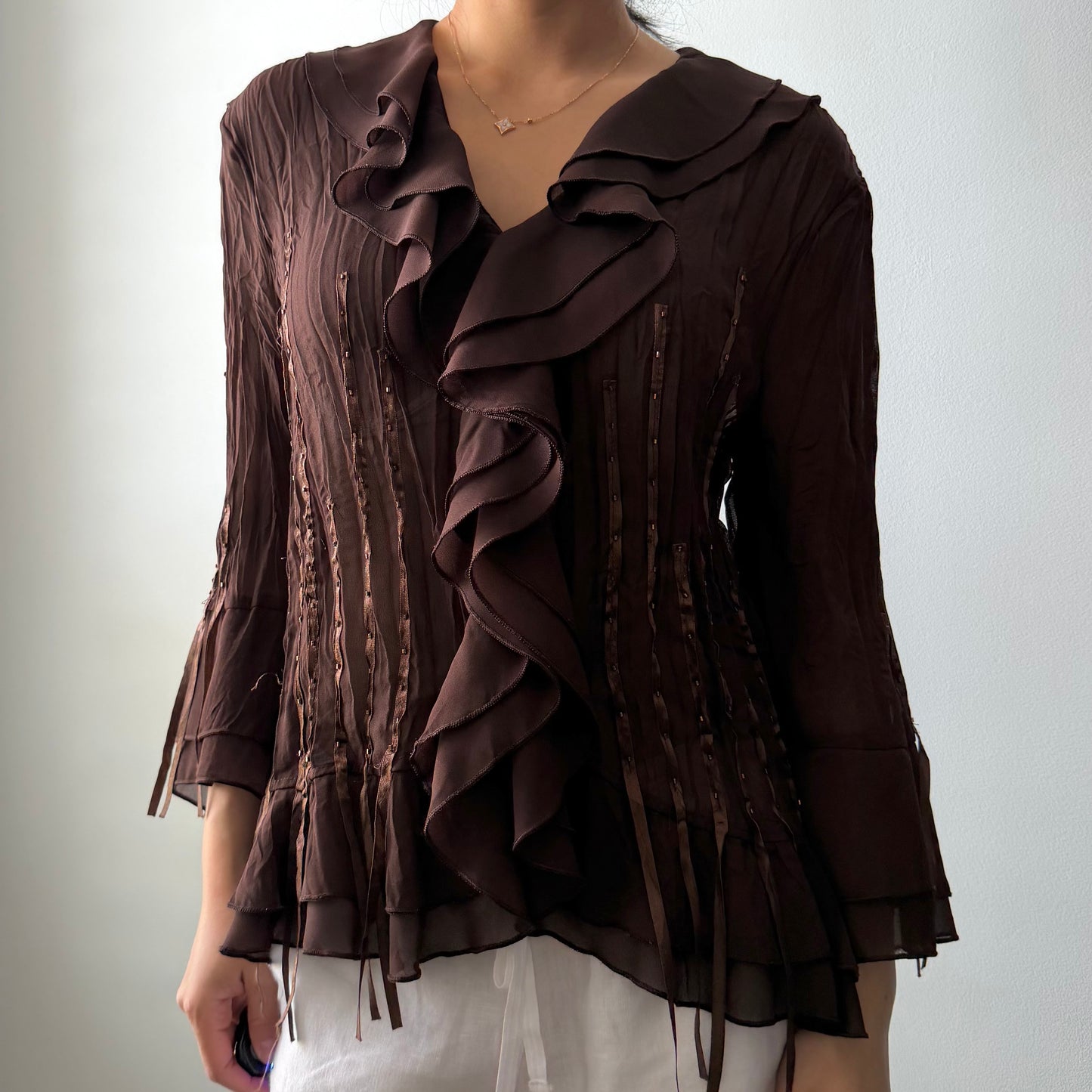 Brown Ruffle-Front Long Sleeve Blouse - Medium
