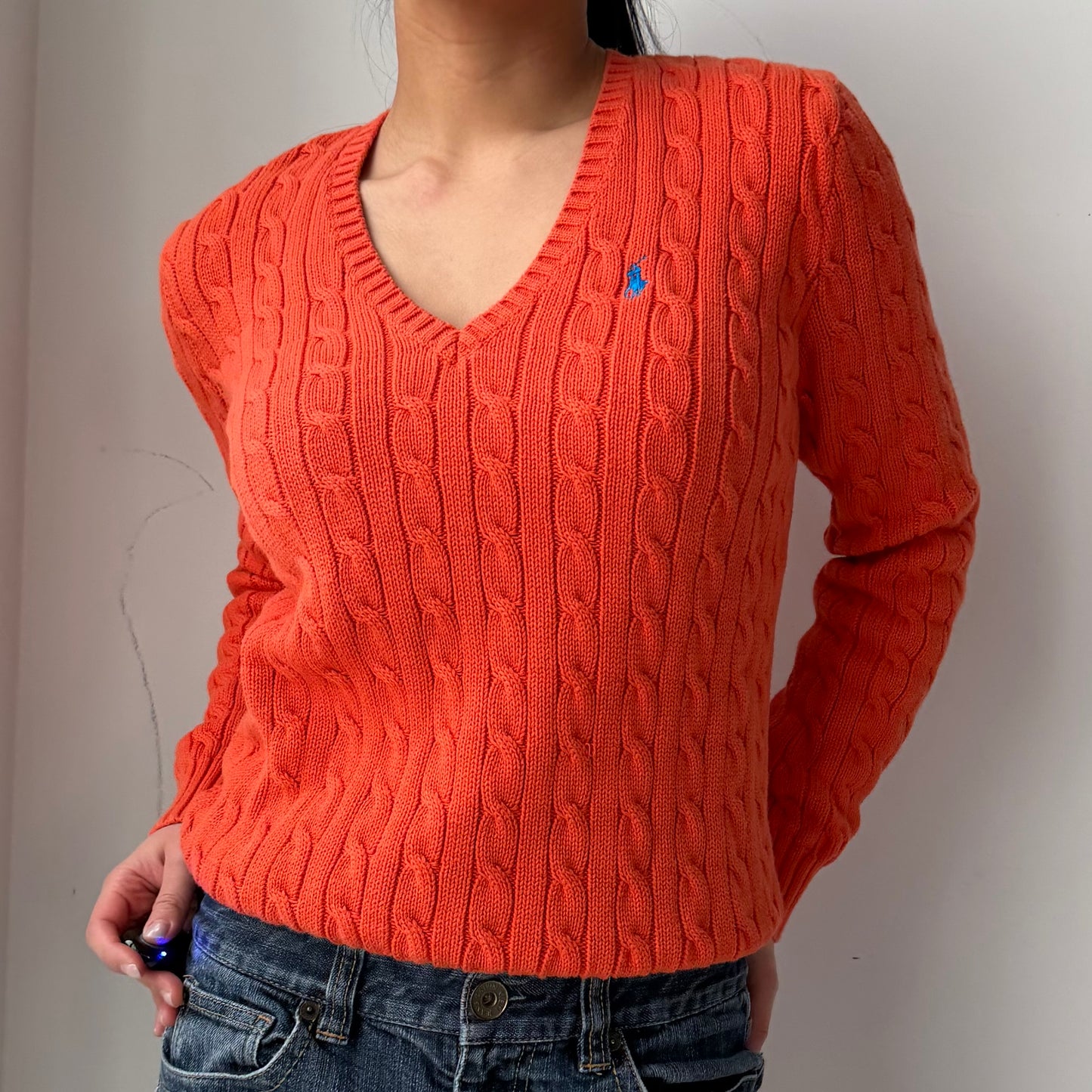 1990s Ralph Lauren Sport Orange V-Neck Cable Knit Jumper - Large