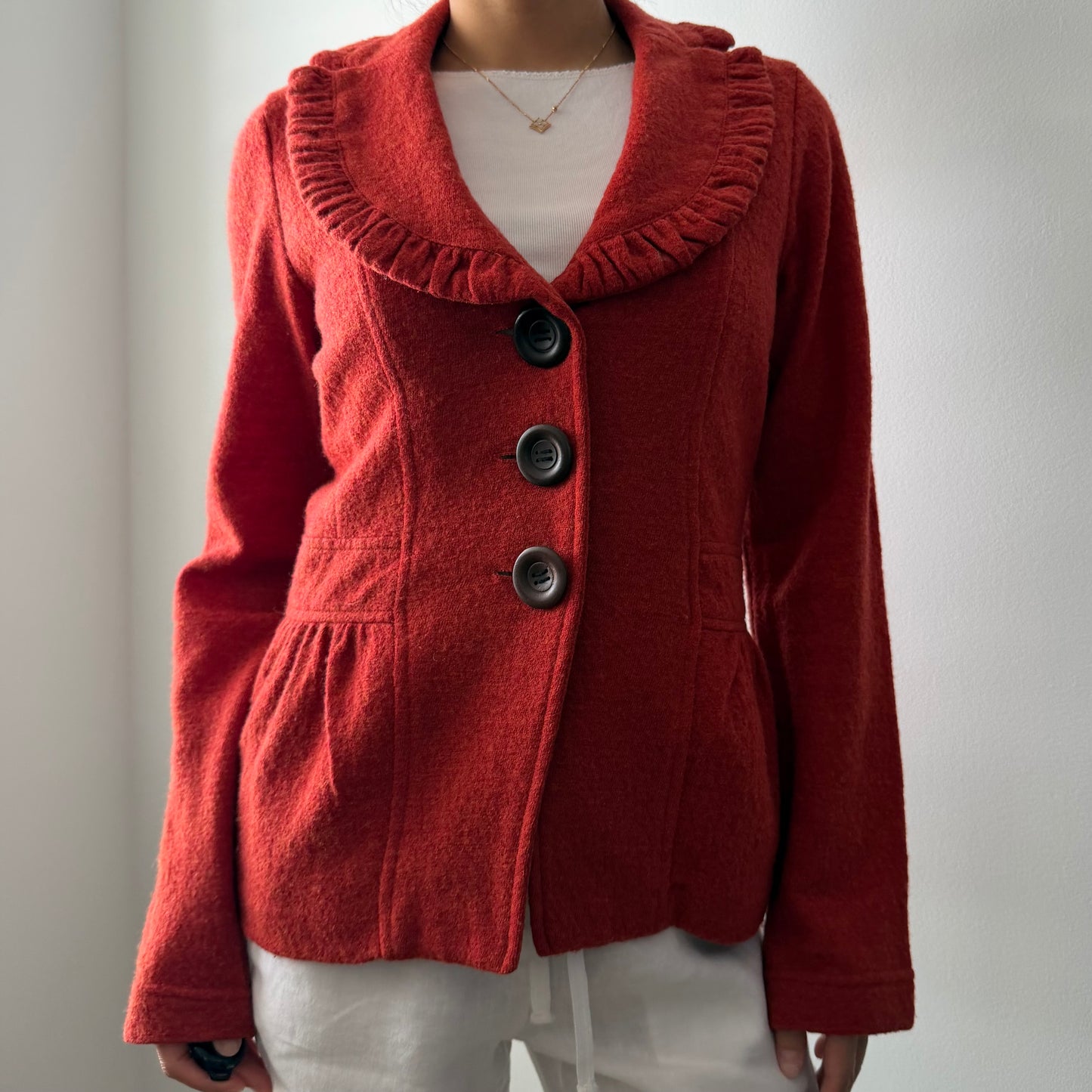 Rust Red Ruffle Collar Wool Jacket - Small