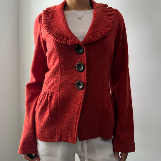 Rust Red Ruffle Collar Wool Jacket - Small