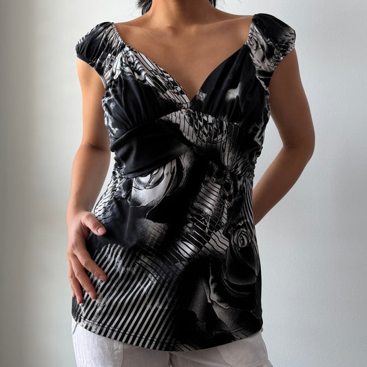 90s Made in Canada Melanie Lyne Black and White Abstract Print Blouse - Medium