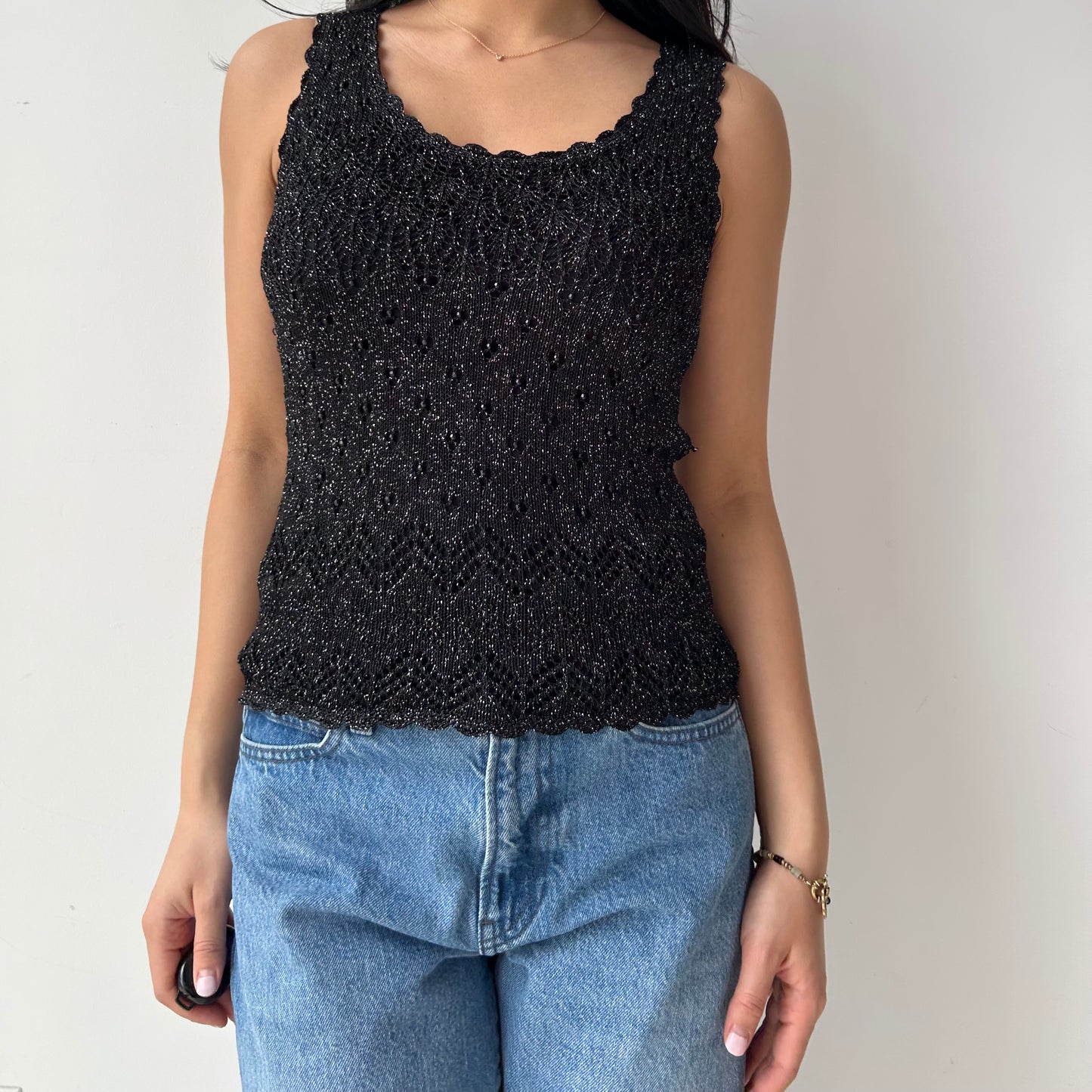 Black Metallic Crochet Tank Top - Medium